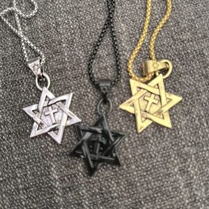 Gold, Black, & Silver Star Of David & Cross Of Christ Necklace